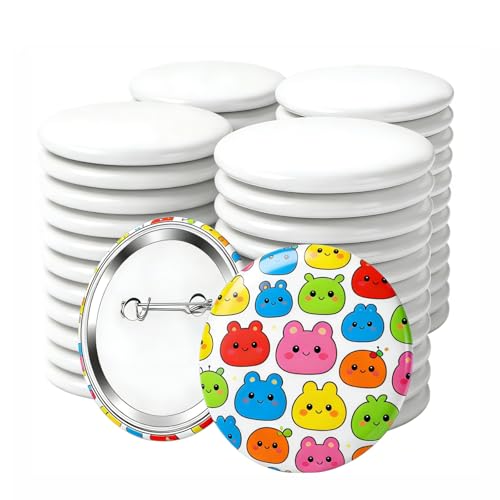 HTVRONT 50 Pcs Sublimation Button Blanks 58mm Button Maker Supplies Premium Metal Customizable Badges Sublimation Pins with Full-Surface & Curved Transfer Vivid Color & Fade-Resistant Button Pins for Handmake Crafts Clothing & Gifts