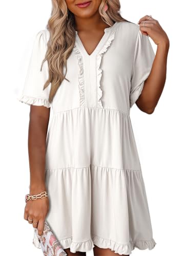 Image of Dokotoo Womens Summer Dresses 2026 V Neck A Line Short Sleeve Casual Ruffle Babydoll Mini Dress