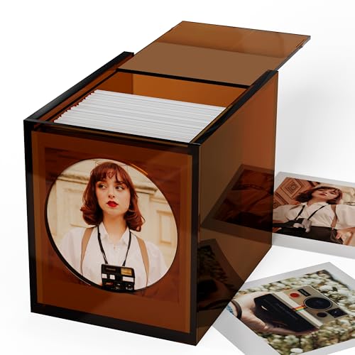 WINKINE Acrylic Polaroid Frame & Photo Storage Box for i-Type/600/SX-70 Films, 4.2''x3.5'' Film Frame, Vintage Box with Sliding Lid, Amber, 1 Pack