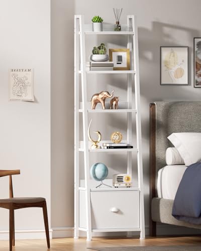 Image of Furologee 6 Tier Ladder Shelf,Ladder Bookshelf with Drawer,Modern Tall Bookcase,Storage Rack Organizer,Wood Metal Freestanding Shelves for Living Room, Home Office, Bedroom, White