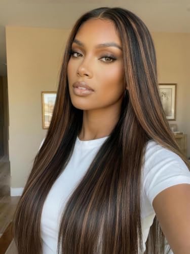 Image of Sunber Ombre Brown Balayage Highlights 13x4 Pre-Everything Lace Frontal Yaki Straight Human Hair Drawstring Wig Put On and Go Pre Cut HD Lace Pre Plucked Invisible Knots Yaki Glueless Wigs 16Inch
