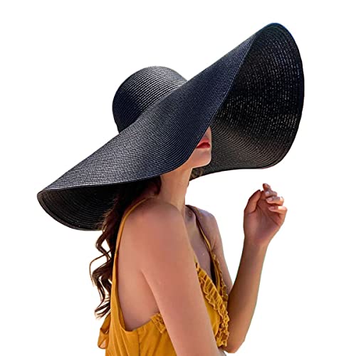 Oversized Beach Sun Hat for Women Foldable Fashion Floppy Roll Up Visor Hats Large Wide Brim Straw Hats for Summer Vacation Black