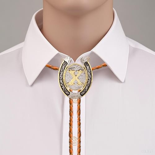 Image of Vintage Western Cowboy Rodeo Initial Letter A-Z Bolo Tie for Men | Premium brown braided leather, adjustable sliding clasp, anti-tarnish alloy pendant, versatile A-Z western bolo tie