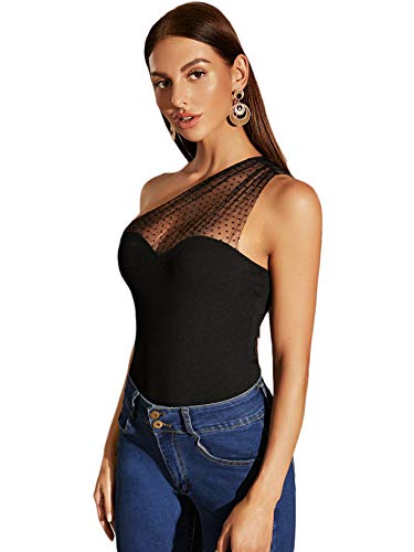 Wdirara Women's Mesh Polka Dot One Shoulder Sleeveless Slim Fit Elegant Top Black M #TOP2