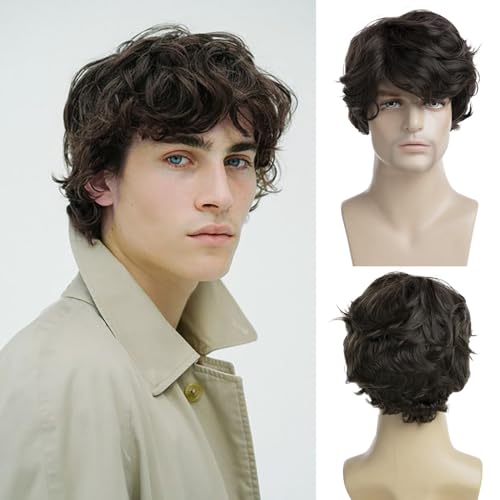 Dsimeig Männer Kurze Braune Perücke Synthetisch Schichtes Handsome Wellige Cosplay Halloween Ersatz Haar