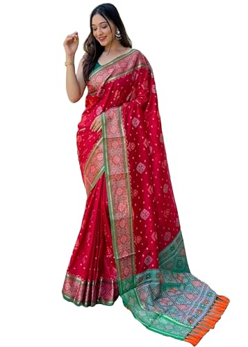 Image of Panzora Women's Patola Silk Meenakari Work Saree With Unstitched Blouse Piece