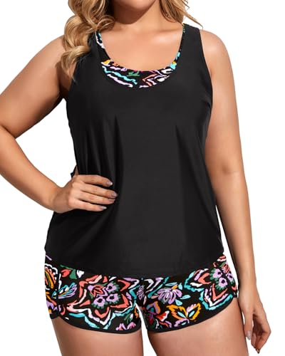 Image of Holipick Women Plus Size Swimsuits - Athletic 3 Piece Tankini with Shorts