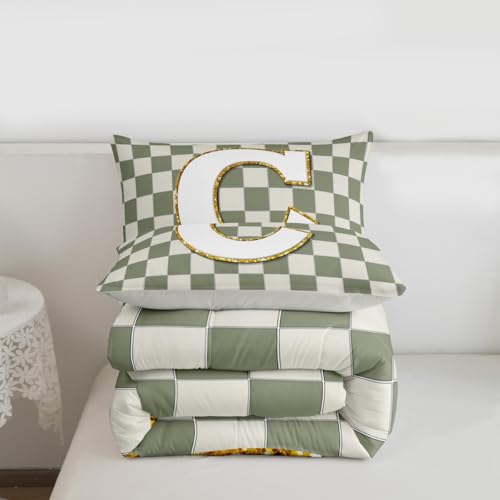 Image of Erosebridal Sage Green Checkered Kids Comforter Sets Plaid Initial C Toddler Bedding Set for Adults Personalized Monogram Comforter Set,Fashion Grids Gingham Quilt Duvet 2 Pcs