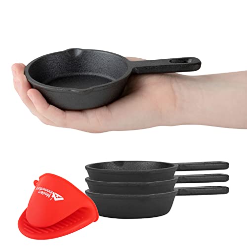 Comparison: Best Cookie Cast Iron Skillet Set 2 Modern Innovations Mini Black Cast Iron Skillet Set with Silicone Mitt (4 Count) - 3.5 Inch Pans, Pre Seasoned Small Skillets for Baked Cookie/Brownie or Cooked Eggs
