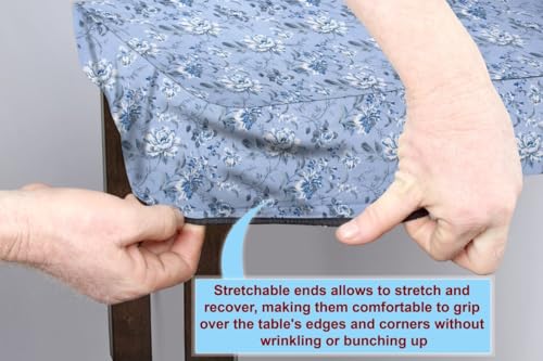 Image of The Furnishing Tree Elastic Cotton Rectangular Dining Table Cover 30x48 in Inches Floral White Rose on Blue Base