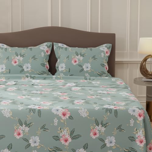 Image of Layers 100% Cotton Bedsheet for Double Size Bed | Lumina Floret Collection | 144 TC Soft & Breathable | Printed with 2 Pillow Covers | Wrinkle Free & Colorfast | 3 Piece Bedding Set - Grey & Pink