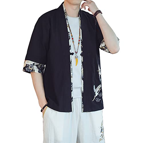 Image of PRIJOUHE Men's Kimono Jackets Cardigan Lightweight Casual Cotton Blends Linen Seven Sleeves Open Front Coat Outwear
