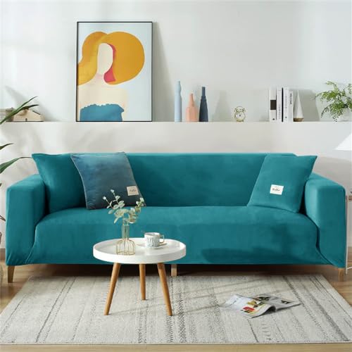 DOTBUY-SHOP Terciopelo Funda de Sofá Elástica 1 2 3 4 Plazas Cubre Sofa, Ajustable Antisuciedad Antideslizante Protector de Muebles con 2 Fundas de Almohada (3 plazas,Azul Turquesa)