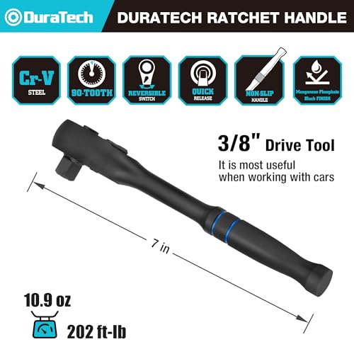 Image of DURATECH 3 /8-Inch Drive Ratchet, 90-Tooth Quick-Release Ratchet Wrench, Reversible, Cr-V Made, 4 Swing, Manganese Phosphate Black Finish, Gifts for Men Gifts for Women