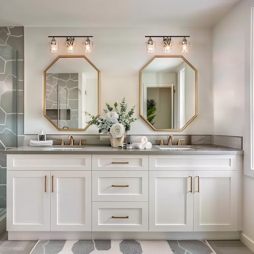 Image of KSANA Black and Brass Vanity Light, Modern Black Gold Bathroom Light Fixtures with Water Textured Glass Shade, 3-Light Bathroom Lighting Over Mirror