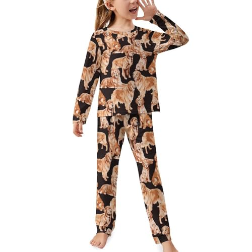 Black Cute Golden Retriever DogChildren's Pajama Set Round Neck Long Sleeve Top + Pants Two-piece Set160CM