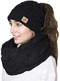 Ponytail Beanie Winter Set Knitted Hat Scarf BeanieTail Hat Scarf Set Warm Women Hats Black