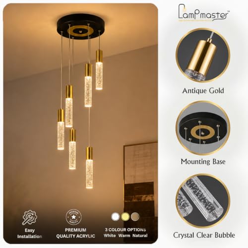 Image of Lamp master Bubbleora 6-Light Crystal Bubble LED Pendant Light, Modern Hanging Ceiling Light with 3 Color Options, Antique Gold Finish, Adjustable Height for Living Room, Bedroom & Dining Room