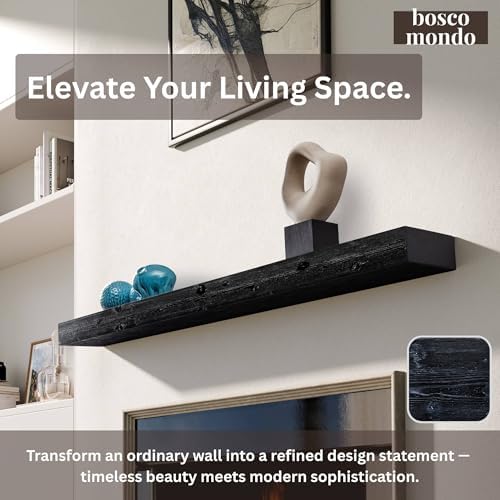 BoscoMondo Solid Wood Fireplace Mantel Shelf, Floating Mantle for Living Room, Farmhouse Rustic Wood Mantel, Easy Wall Mount with Heavy-Duty Metal Bracket (72", Intense Black)
