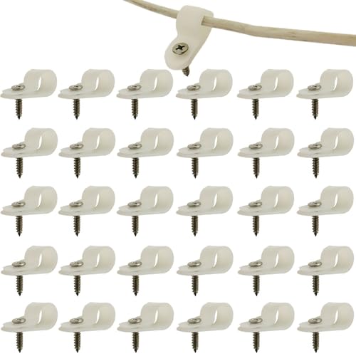 50 Pcs Plastic R-Clips with 50 Screws - Lightweight Cable Management Clips for Wire & Cable Organization Durable Nylon Material for Secure Fastening - Perfect for Home DIY Projects (White, 3/8inch)