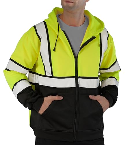 sesafety Hi-Vis Zipper Hoodie, Class 3 Reflective Safety Sweatshirt with Black Bottom, High visibility Jacket for Men, Yellow, XL
