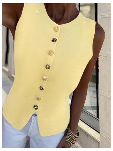 WDIRARA Women's Plus Size Metal Button Down Sweater Vest Crew Neck Sleeveless Knit Tank Top3