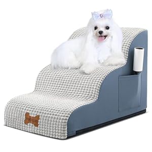 POCBLUE Dog Stairs for Small Dogs 15.7″ H, Wide Pet Step for Couch/Sofas/Chairs, Curved Pet Ramps for Small Dogs & Cats with High-Density Foam and Washable Cover, 3-Step, Grey