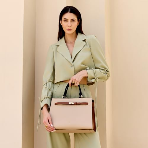 Image of HIE Women Textured Tote Bag with Contrasting Leather Strap and Gold-Tone Buckle Dual Top Handles | Detachable Adjustable Crossbody Strap, Color Blocked Design for Work, Travel & Everyday.