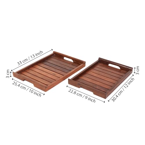 Image of Aakriti Art Creations Handcrafted Sheesham Wood Serving Tray Set of 2 for Dining Table | Wooden Tea & Snack Serving Trays | Kitchen Accessories | Indian Handicraft | Brown