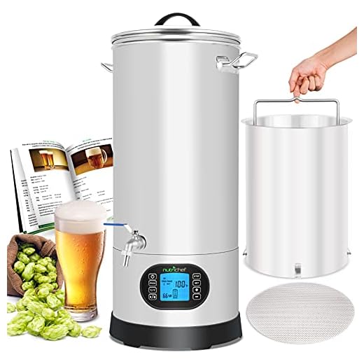 NutriChef PKBRKTL150 All-In-One Home Beer Brewing Mash and Boil Device 5-Piece Maker Machine Set 9 Gallon 1600w Max w/LCD Display Programmable Multi-Step Control System, Stainless Steel
