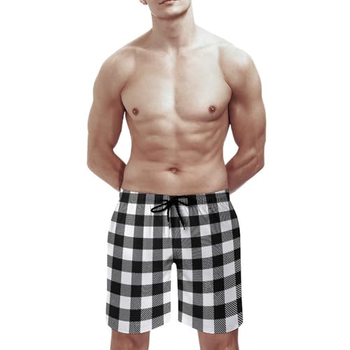 Black White Twill Stripe Plaid Print Mens Swim Trunks, Quick Dry Swim Shorts with Mesh Lining Swimwear Bathing Suits2