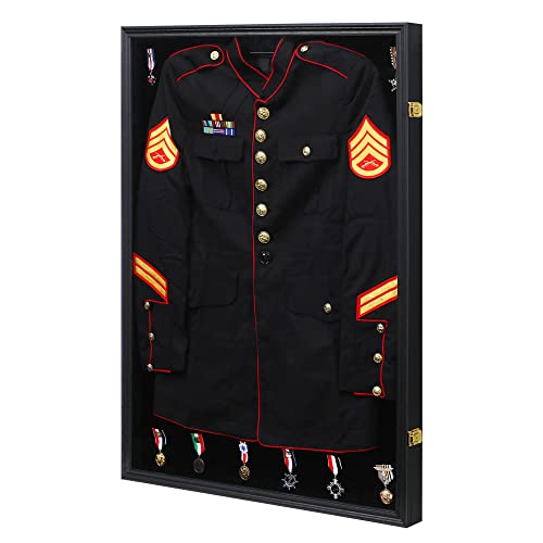 KCRasan Military Uniform Display Case - Police Uniform Display Frame - Uniform Shadow Box Wall Cabinet with Uv Protection Acrylic Door for Collection Military Uniform Black