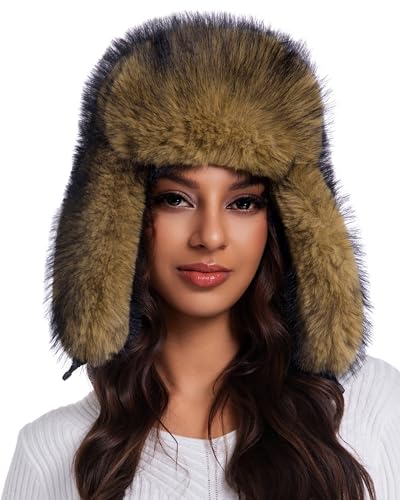Aiphamy Faux Fur Fluffy Trapper Hat for Women Winter Warm Russian Ushanka Hat with Ear Flaps (US Alpha One Size Natural Color)