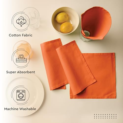 Image of Encasa XO Dining Cocktail Napkins 12 pcs (1 Dozen) Set of Large 23x23 cm (9 inchx9 inch) - Orange - Absorbent Heavy Cotton Party Fabric Machine Washable for Home Restaurant Banquet & Hotel