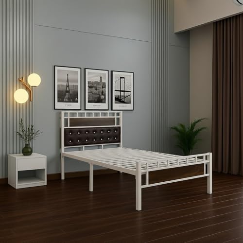 Image of Orvo Metal Double Size Bed Without Storage | Wrought Iron Double Bed with Headboard & Footboard | Sturdy Powder Coated Platform Bed for Bedroom Living Room Ivory (75x48)