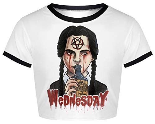 Ocean Plus Mujer Camiseta Corta Verano Señoras Camiseta Manga Corta Chicas Muñeca de Terror Cuello Redondo Halloween Cráneo Impresión Digital Tops (S/160-165, Miércoles niña de Veneno) Cover