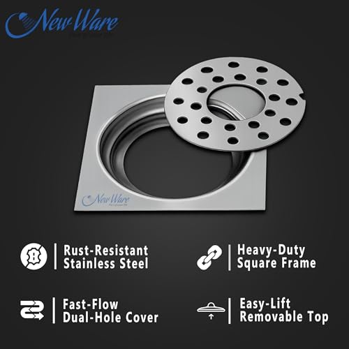 Image of NEW WARE Square 4x4 Inch Stainless Steel Bathroom Jali Trap Floor Drain with Center Hole | Heavy Duty Chrome Finish Water Drain Grating | Rust Proof Anti Clog Drain Cover for Bathroom Kitchen Balcony