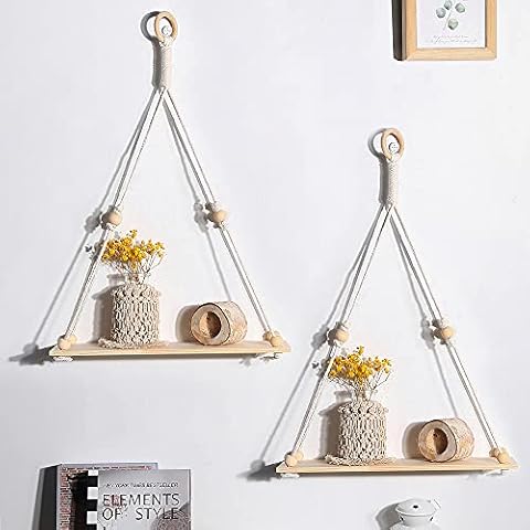 2 Pack Boho Hanging Planter Shelf - Macrame Wall Hanging Wooden Shelves, Rustic Hanger Planter Rack Flower Pot Stand Holder Storage Floating Shelves (2, Raw Wood Color) Cover