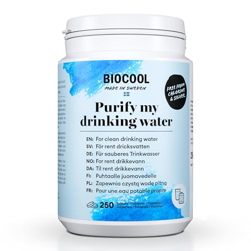 Biocool - Biocool Wasserreinigungstabletten – Packung mit 250 Tabletten für bis zu 1.250 Liter Trinkwasser | Ideal für Camping, Wandern, Wohnwagen und Notfälle | 1 Tablette reinigt 5 Liter