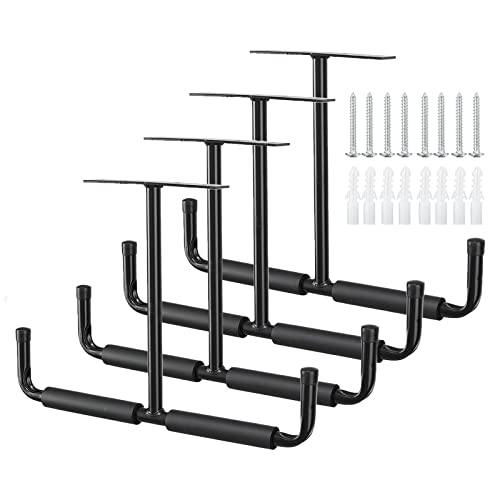 Wandhaken, Garage Deckenhaken Doppelt Leiter Haken Schwerlast Storage Hanger Organizer für Kajaks Fahrrad Klappstühle Montagehaken-Set mit Polsterung EVA für Schutz, Tragkraft 80 kg /Schwarz, 4 Stück