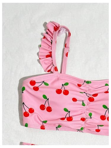 Image of RoseSeek Girl's 2 Piece Cherry Print Swimwear Ruffle Trim Ruched Bathing Suits Cute Swimsuits