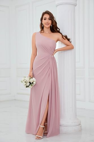 One Shoulder Bridesmaid Dresses for Women Ruched Chiffon A Line Evening Formal Gown with Slit3