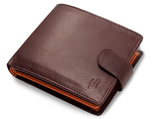 Mens RFID Blocking Compact Real Leather Coin Pocket Billfold Wallet Id Card Holder 1075 Brown Tan
