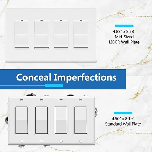 Image of LIDER Quadruple Decorator Switch Cover, Screwless Wall Plate, Mid-Size 4-Gang 4.88 inch x 8.58 inch, LSWP-34M-W, UL Listed, Thermoplastic, Matte White, 1-Pack