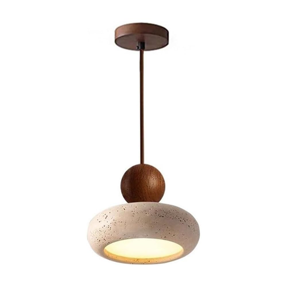 LYMSXAZOU Modern Yellow Travertine Pendant Light Japanese Stone Shade Hanging Lamp with Wood Globe Accent Interior Minimalist Decor Chandelier for Dining Room Kitchen Island(Walnut)