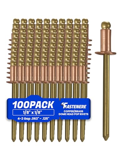 Fastenere Copper Pop Rivets - 1/8 x 1/8 (100 Pack) Copper Body Brass Mandrel Heavy Duty Open-End Dome-Head Blind Rivets Corrosion-Resistant & High Shear Strength 4-2 Gap .063 - .125