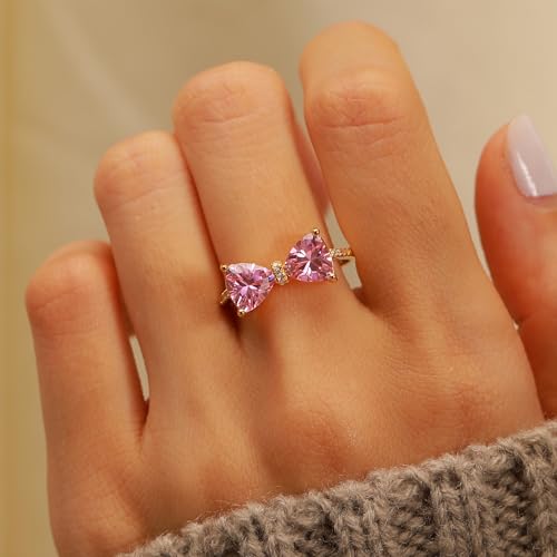 Pink Bow Rings for Women 925 Sterling Silver 14K Gold Plated Cute Dainty Cubic Zirconia Promise Rings for Her Open Adjustable Stackable Rings Jewelry Birthday Christmas Gifts2