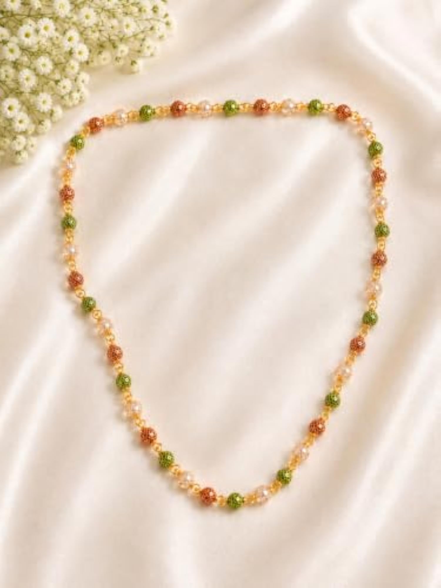 Women's Multicolor Green & Orange Beaded Chain Necklace, Gold Plated