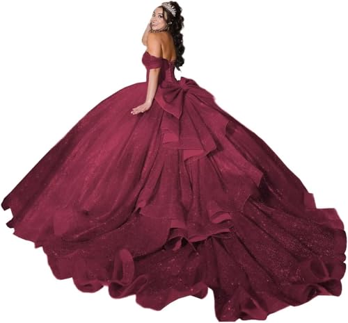 Yifanier Vestidos de quinceañera de Tul Brillantes con Lazo y Hombros Descubiertos Vestidos de quinceañera de Tul Vestidos de Dulce 16 con Cola MT013