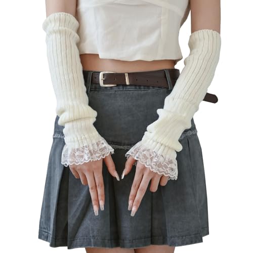 BrKern Armstulpen Damen Fingerlos, Weiß Y2K Armwärmer aus Weichem Vlies, Handstulpen für Winter, Party, Alltag, Club